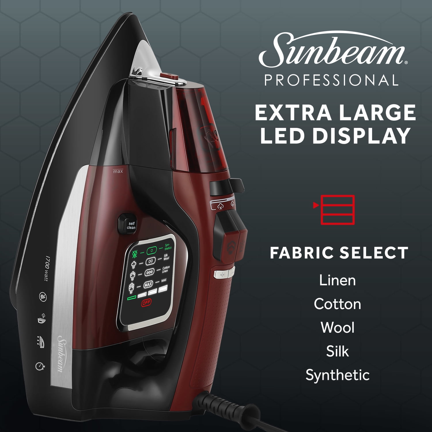 Sunbeam LED Iron with Ceramic Soleplate, 1700W, 6 LED Lights, Advanced Steam, Burgundy