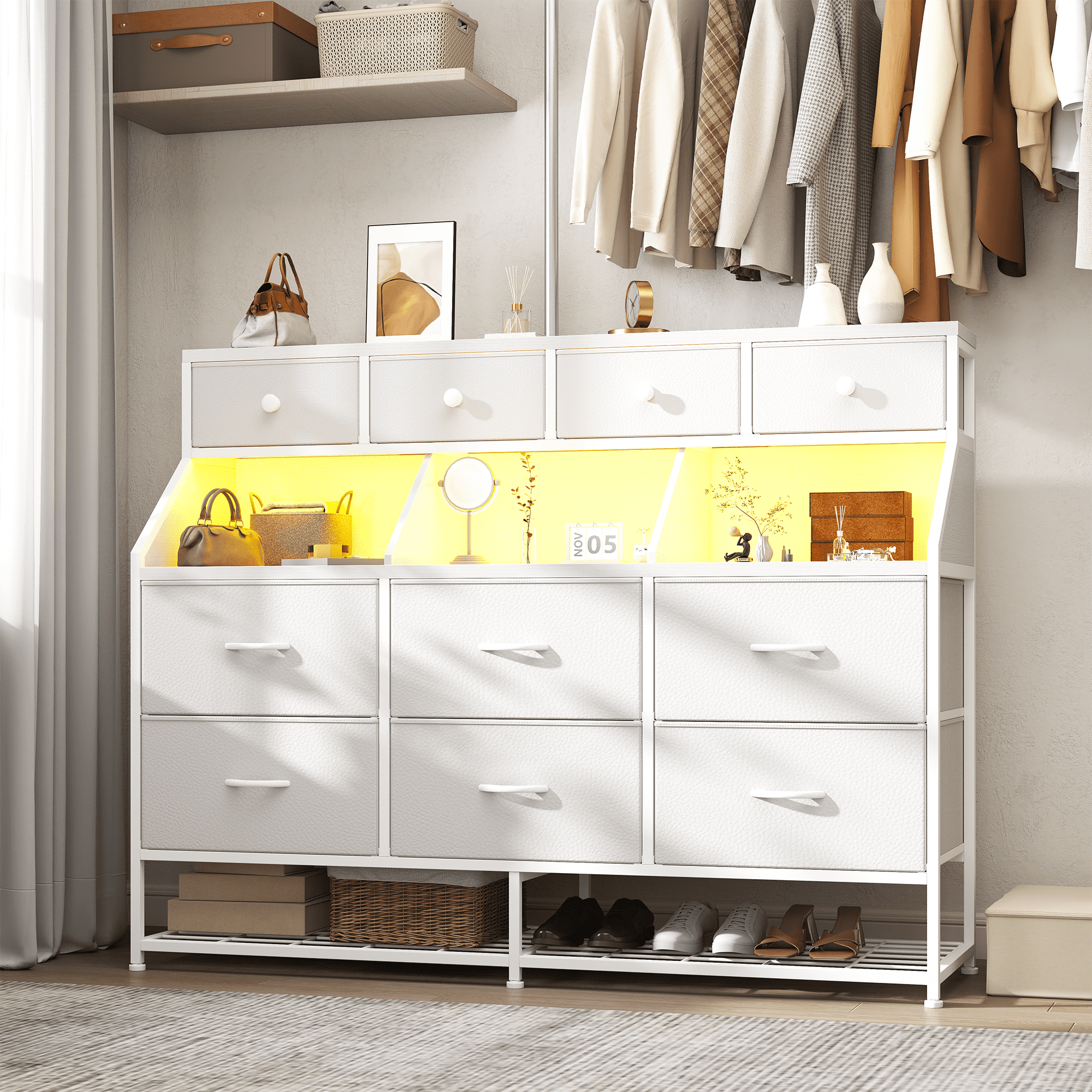 Romorgniz Dresser for Bedroom with 10 Drawers & Shoe Rack Fabric Dressers & Chests of Drawers with LED Lights and Power Outlets,White