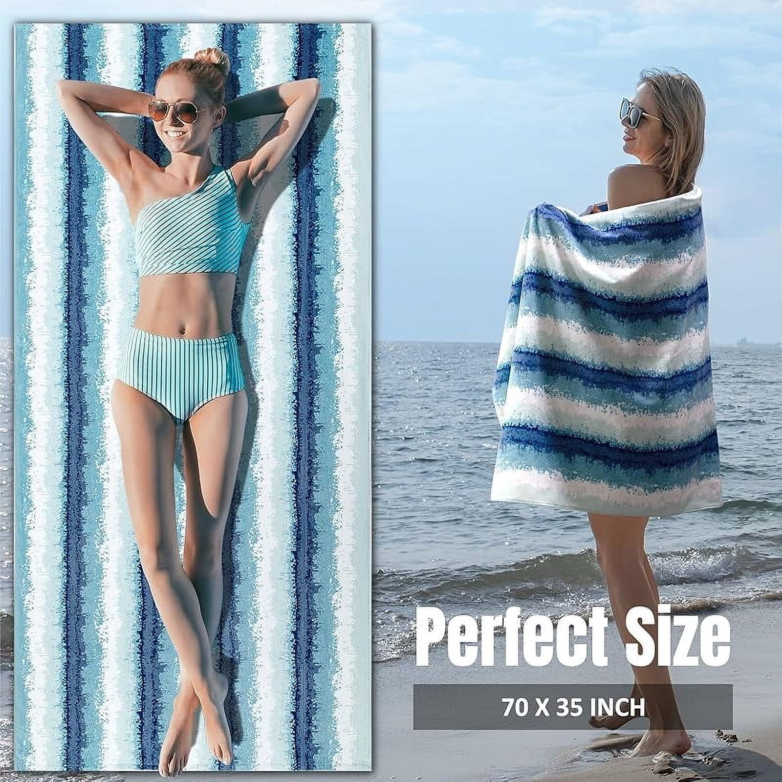 Large Beach Towel Oversized - Cotton Velour 35 x 70 Inch Coast Waves Camo Striped Terry Pool Towel, Cabana Soft Swimming Towel for Adults Women Men (Teal Blue)