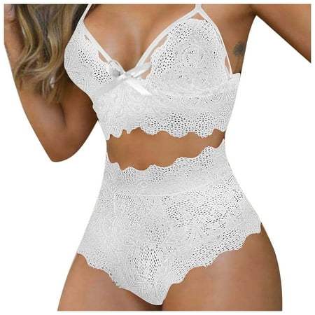 

KDDYLITQ Bra and Panty Set for Women s Sexy Lace High Waisted Babydoll Lingerie Sets 2 Piece White XXXL