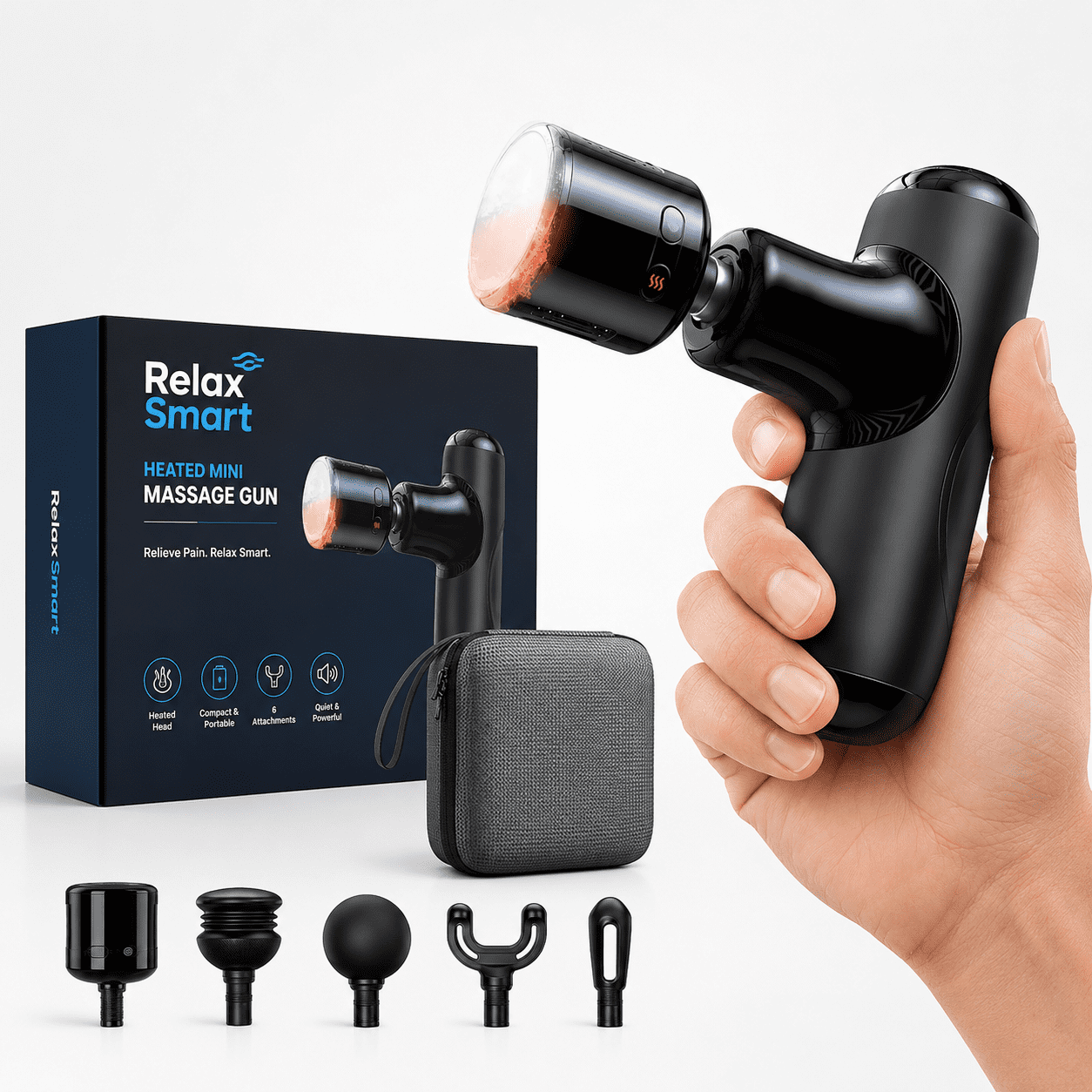 Relax Smart Muscle Relief Mini Massage Gun with Heat and Cold, Cordless Rechargeable Percussion Massage Gun, 5 Heads, Case, Black