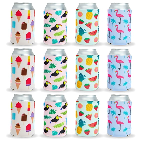12 Pack Tropical Neoprene Can Cooler Sleeves for Beer, Bottles, Soft Drinks, Soda Covers for Beach, Summer Pool Parties (4 Designs, 12 oz)