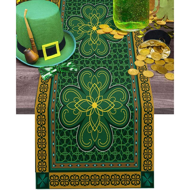 St. Patrick's Day Cotton Linen Dining Table Runner Traditional Shamrock Irish Decor Retro Geometric Non-Slip Heat Resistant Table Runners for Family Dinner Kitchen Table,18x72 Inch