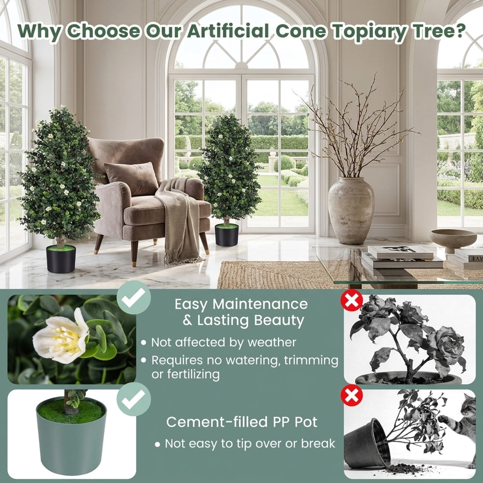 Vebreda Artificial Plant Decor, 2 Pack Artificial Topiary Cone Tree Faux Potted Shrub Plant with 49 Flowers, Lifelike Greenery Display