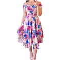 thumbnail image 2 of Robes pour Femmes 2024 Été Oversize Décontracté Col en Ligne Asymétrique Épaules Dénudées Manches Courtes Robe Imprimée 50 % de Réduction Liquidation!, 2 of 6