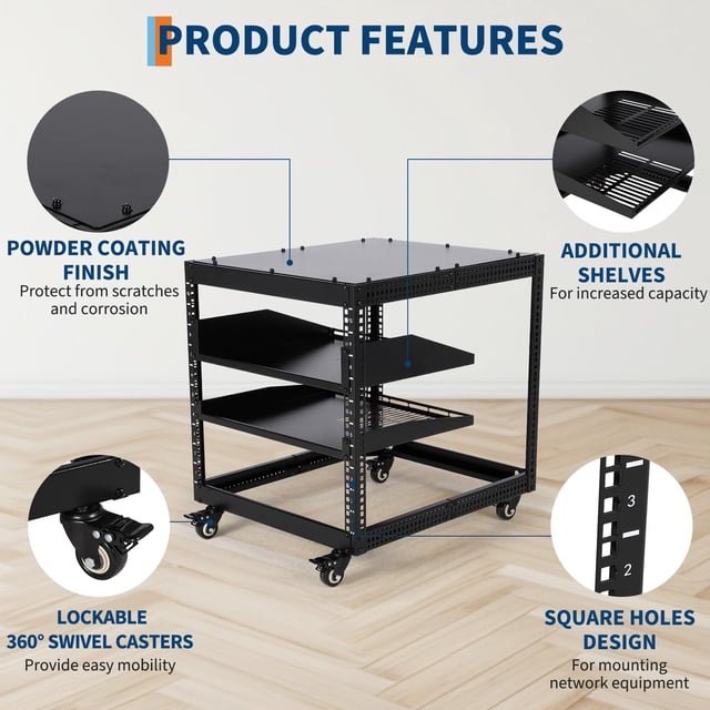 Kojooin Adjustable Depth Mobile Server Rack Cart, Extendable Rolling Equipment Rack with Lockable Casters for Office or Home