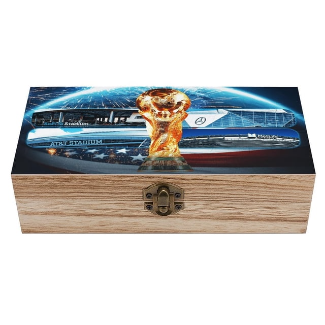 FIFA WORLD CUP-theme Wooden Storage Box Rustic Wood Organizer Box Decorative Keepsake Box Multipurpose Desktop Storage Chest for Home Office Jewelry Trinkets Crafts Supplies