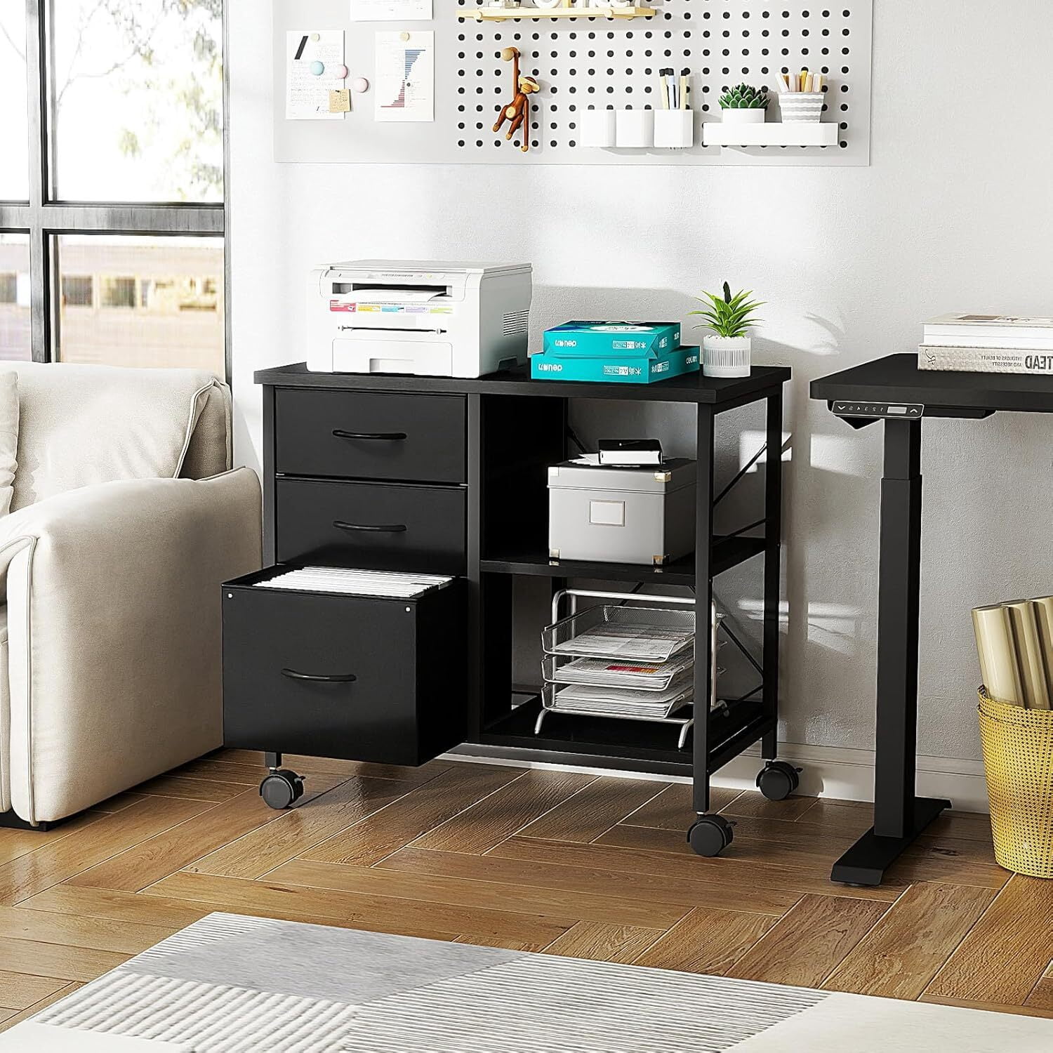 Bigleap 3-Drawer Mobile File Cabinet, Rolling Storage Cabinet with Open Shelf, Fabric Filing Cabinet for Home Office, Under-Desk Storage, Black