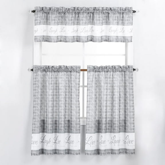 Decotex 3 Piece Live Love Laugh Gingham Check Plaid Kitchen Window Curtain Tiers and Valance Set (Gray, 36" Tiers with 14" Valance)
