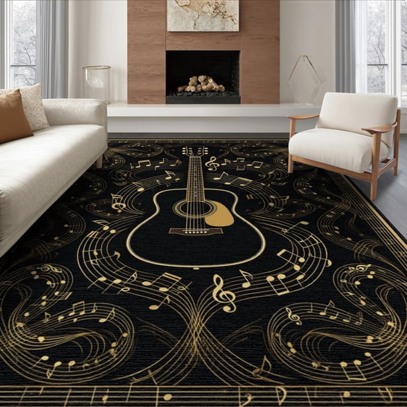 ODIKA 8'x10' Washable Area Rug Non-Shedding, Easy Care, Notes Retro Vintage Songbook Motif Note Acoustic Music Guitar Refined Structured for King Size Bedroom Under Bed, Master Suite