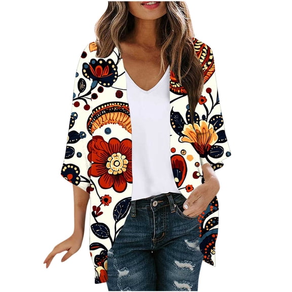 SYMOID Womens Boho Floral Print Kimono Cardigan - Beach Cover Up, Lightweight Duster with 3/4 Sleeve & Open Front,Size M