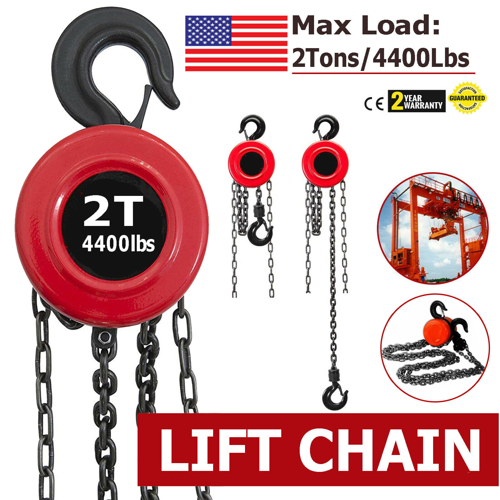 US 2 TON CHAIN PULLER BLOCK FALL CHAIN LIFT HOIST HAND TOOLS CHAIN WITH HOOK RED 