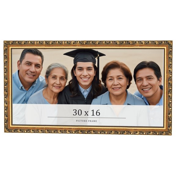 30x16 Frame Black & Gold Solid Wood Picture Frame Width 1.125 Inches | Interior Frame Depth 0.375