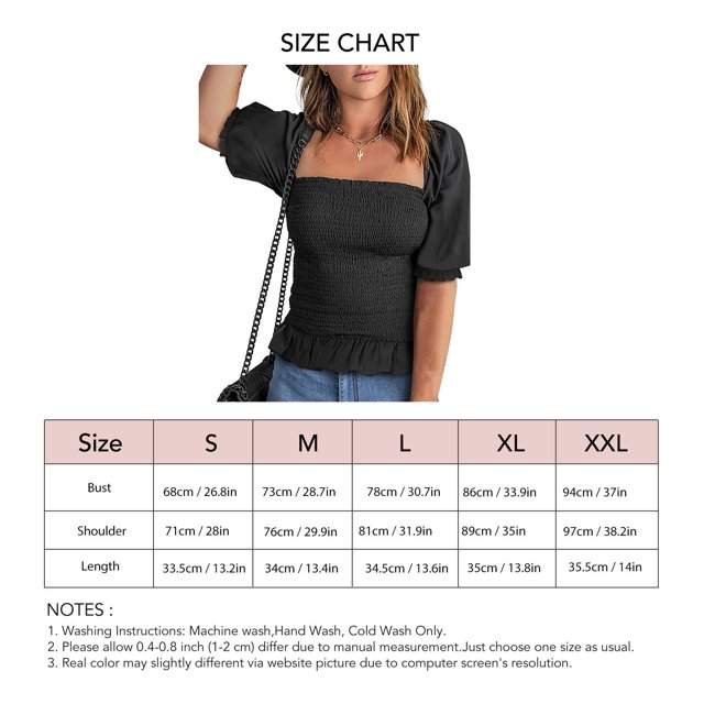 Top De Verano, Fruncido, Transpirable, Dobladillo Con Volantes, Manga Farol De Color Puro, Cuello Cuadrado, Blusas De Mujer Para Uso Diario EOTVIA Negro L