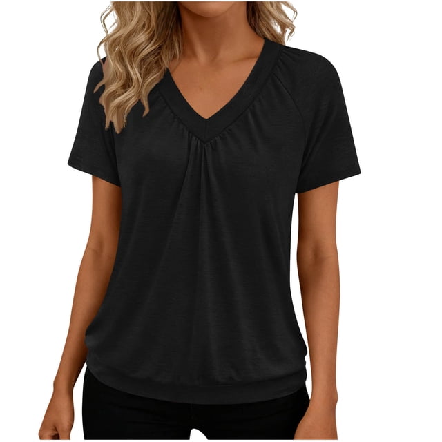 Chemises à Manches Courtes pour Femmes Blouse Décontractée à Col en V Chemise en Polyester Coupe Régulière 1 Pce