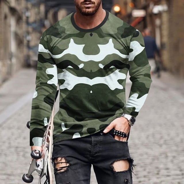 Blusas y camisas de manga larga con cuello redondo para hombre, blusa informal de manga larga con cuello redondo y estampado de rayas, blusa de poliéster para hombre