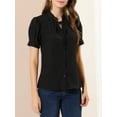 thumbnail image 5 of Allegra K Women's Tie Neck Short Sleeve Shirt Puff Sleeve Button Front Lace Inset Stand Collar Blouse, 5 of 6
