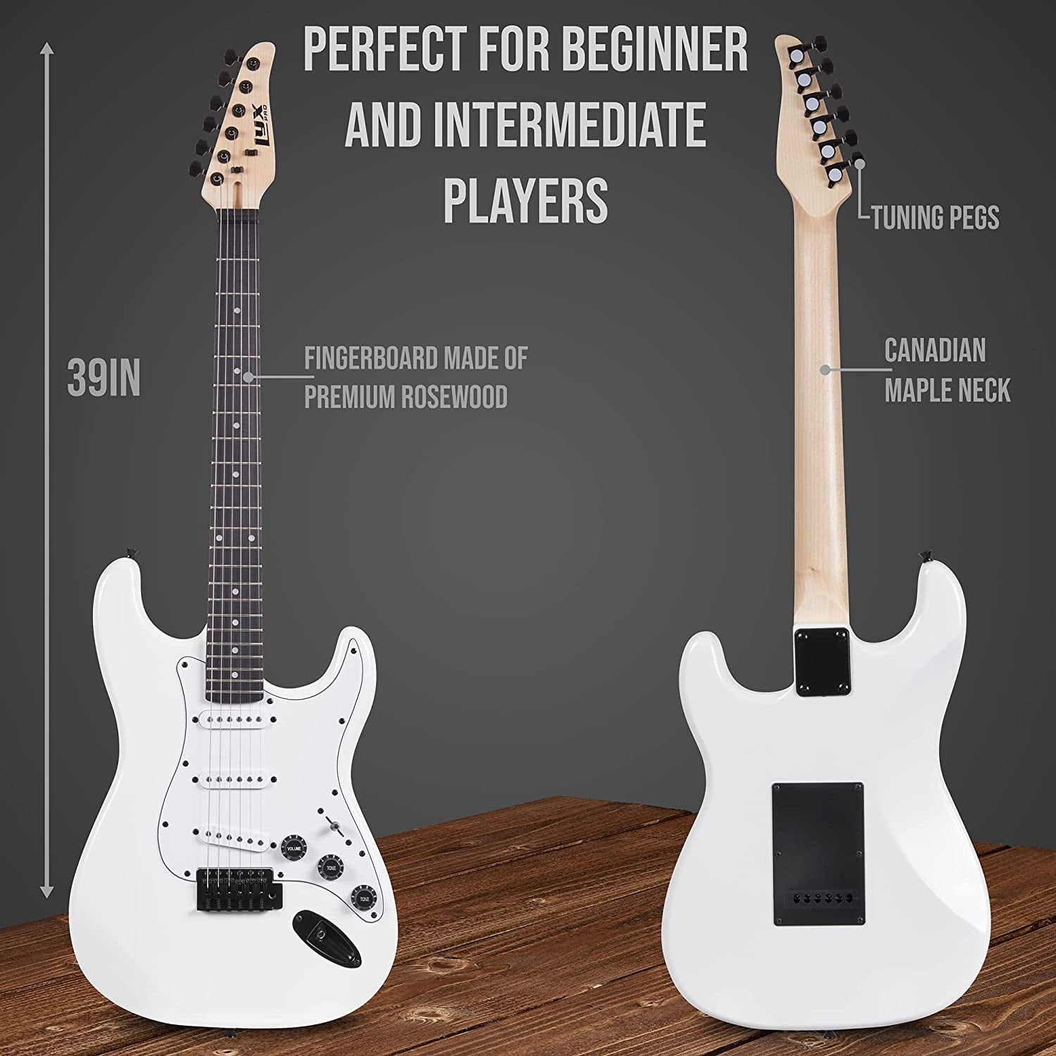 LyxPro CS 39" Beginner Electric Guitar and Accessories, White