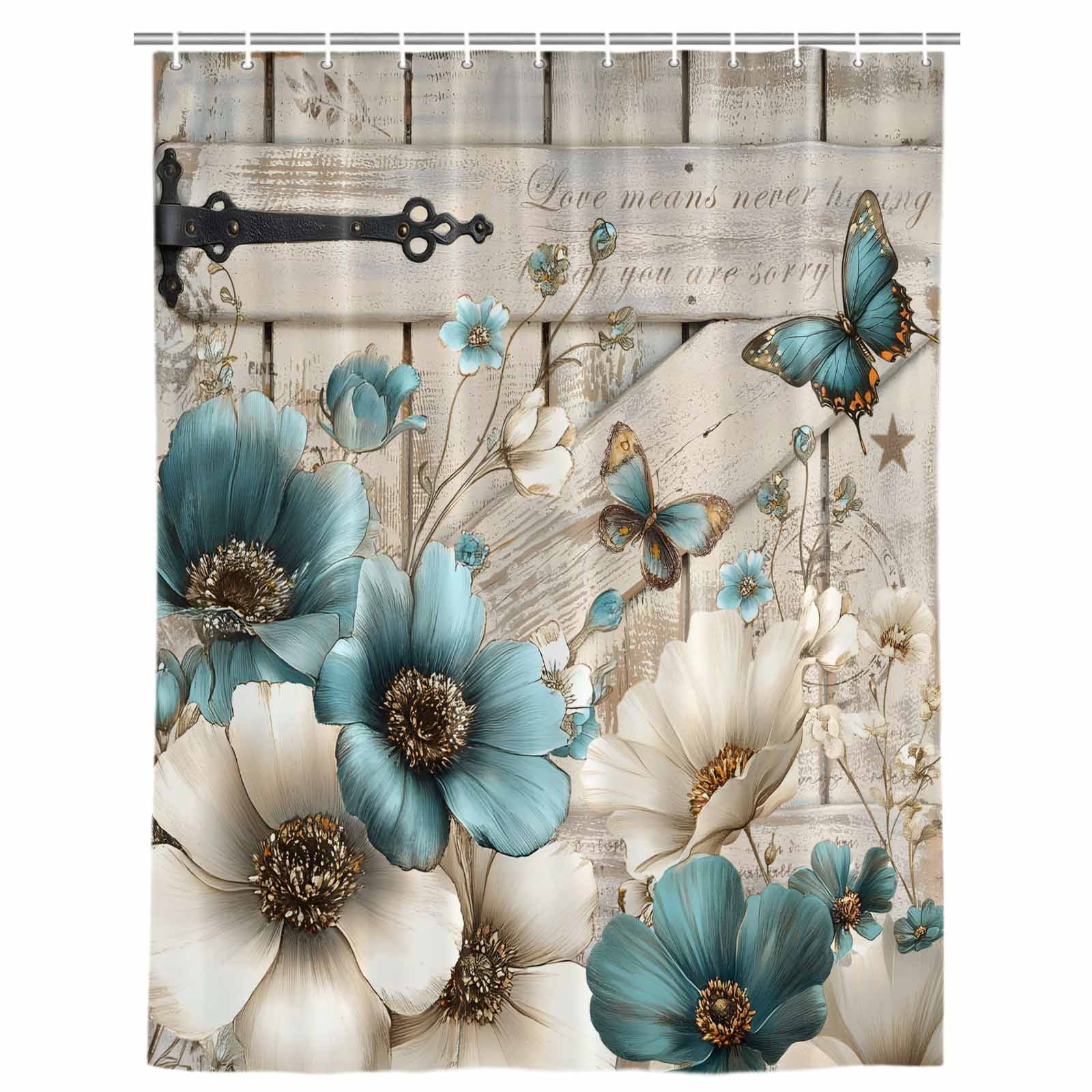Teal Tulip Butterfly Shower Curtain, Waterproof Shower Curtains for Bathroom, Beige Turquoise Floral Farmhouse Wooden Washable Fabric Bathtub Curtain Set Bath Decor with 12 Hooks Stall 36"x72"