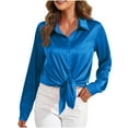 thumbnail image 2 of Aobny Silk Elegant Womens Tops Blue V-Neck Long Sleeve Solid Tie Front Blouse Blouses for Teen Dressy, 2 of 9