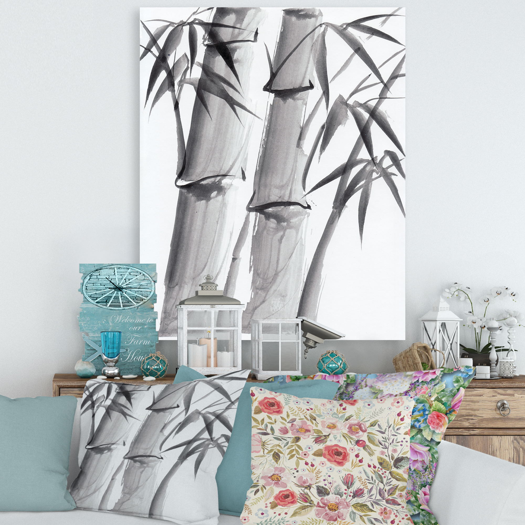 Designart ' Vintage Black and White Bamboo IV ' Traditional Canvas Wall Art Print
