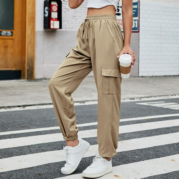 Women Casual Trousers, Mid Waist 4 Pockets Casual Pants Cinched Cuff  Drawstring Closure For Outdoor Black,OD Green,Apricot