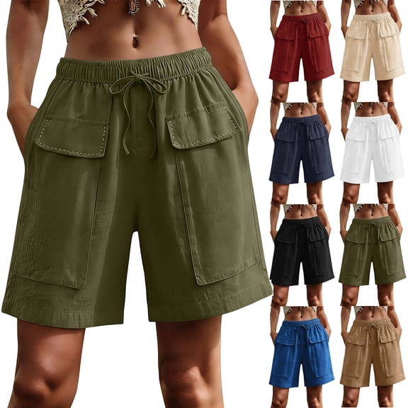 2026 Womens Summer Shorts with Pockets 100% Cotton Casual Fashionable Cargo Five Quarter Shorts