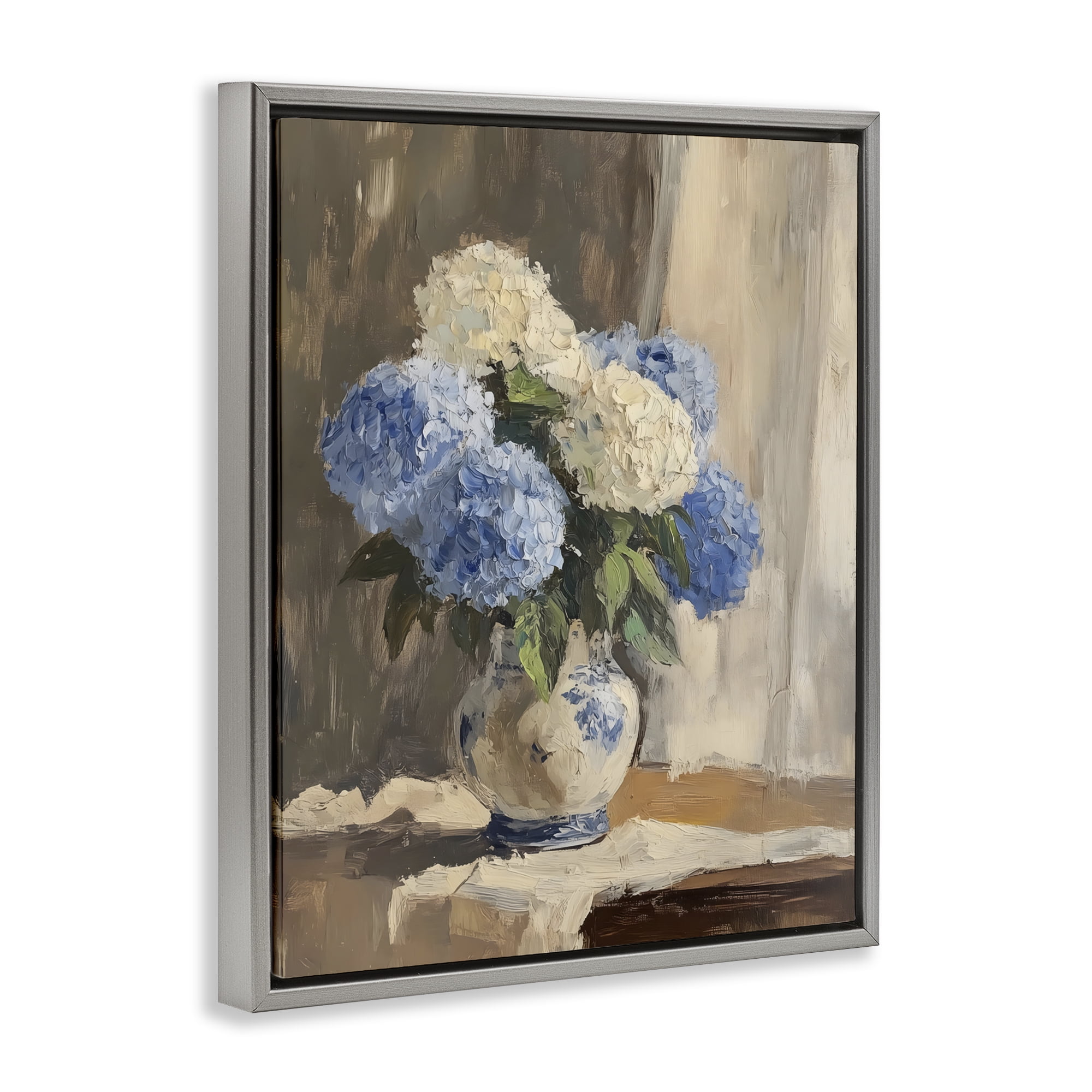 Stupell Industries Vintage Hydrangea in Ceramic Vase Gray Framed Floater Canvas Wall Art, design by LSR Design Studio