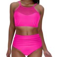 thumbnail image 4 of MGDXOX Women's High Waisted Bikini Set 2 Piece Sport Bathing Suit Halter Mesh Sheer Swimsuit Solid Color Ruched Swimwear Hot Pink S, 4 of 8