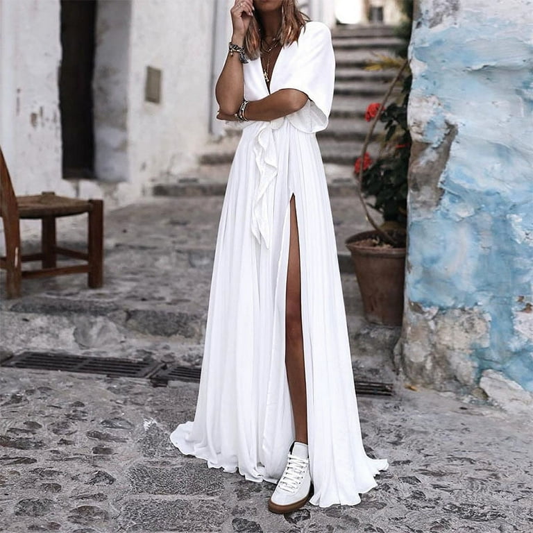 long flowy white beach dress Women's Swimwear Cover Up Swimsuit Ruffle Vacation Beach Wear Plain V Neck Long Sleeve Bathing Suits