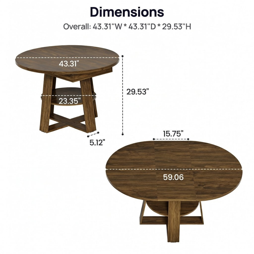CHIC HOUSE 59" Extendable Round Dining Table for 4 to 6 with Storage Shelf, Farmhouse Fluted Kitchen Table with Sliding Doors for Dining Room, Small Spaces, Walnut