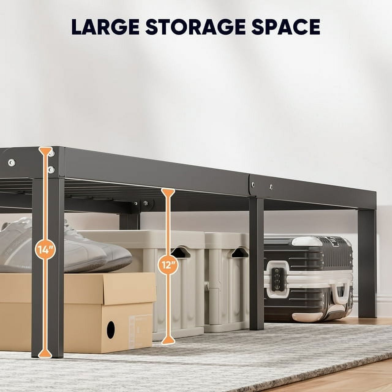 King Size Platform , Black Heavy Duty Metal Bed Frame with Under Bed Storage Space