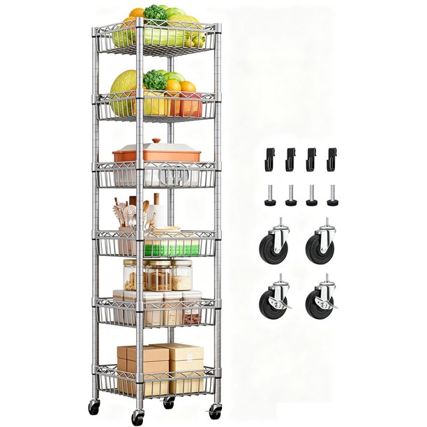 Estante Organizador de 6 Niveles con Cestas y Ruedas - Estantería Metálica Multiusos Ajustable para Cocina, Baño, Almacenamiento - Incluye Cestas y Ruedas Giratorias (Plata)