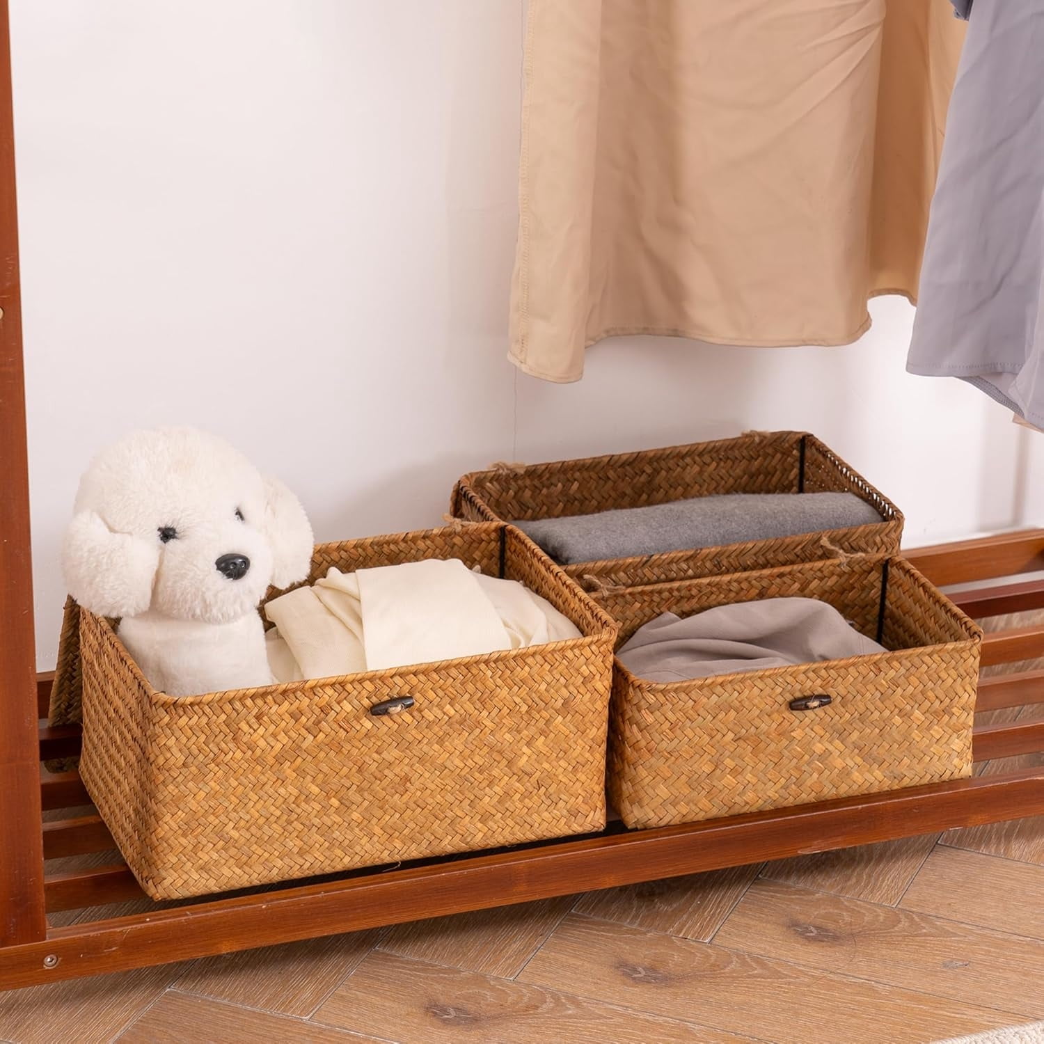 GoXteam Shelf Baskets with Lid Set of 3, Handwoven Seagrass Storage Bins Box Rectangular Seagrass Basket Storage Organizer Wicker Basket for Shelf
