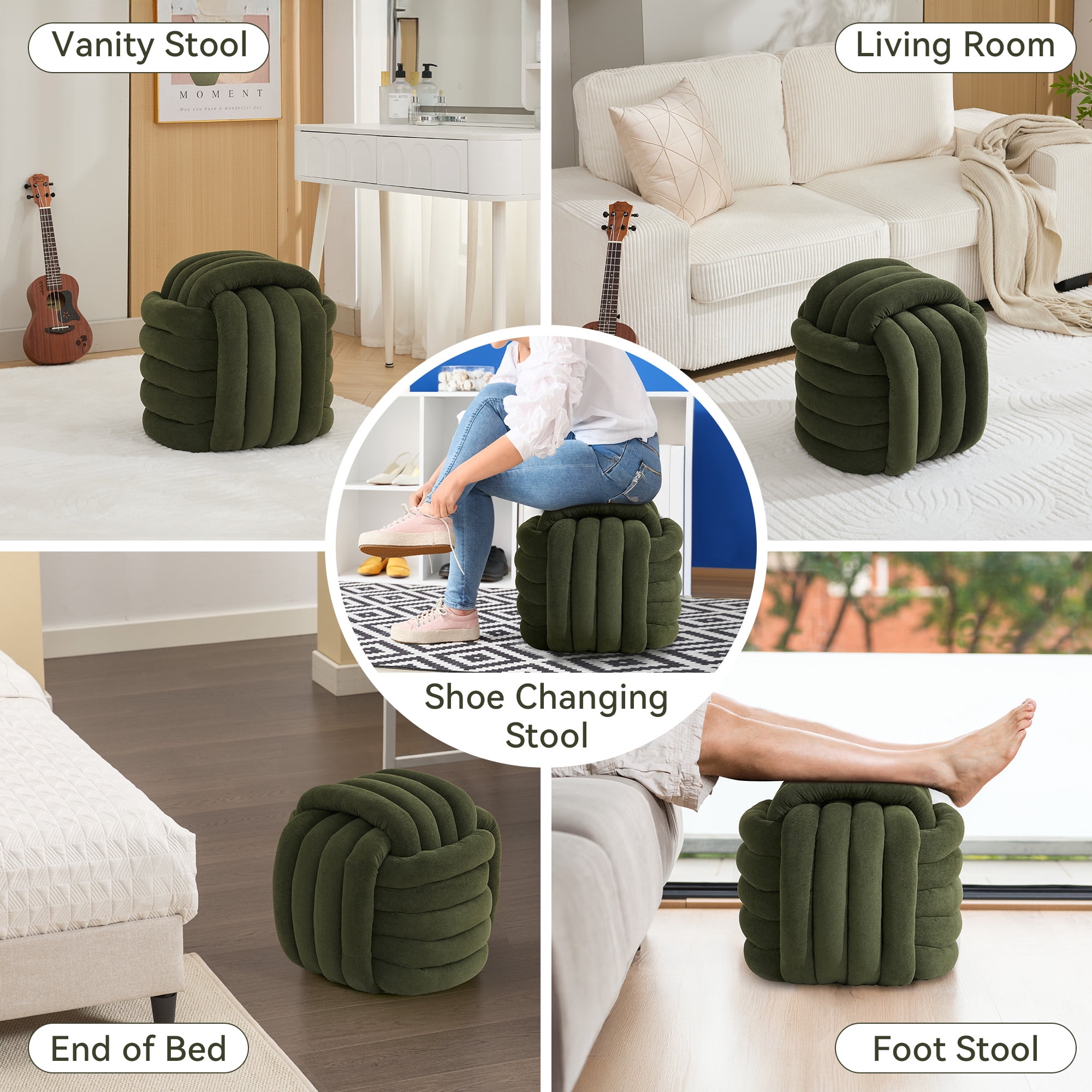 Timbernest Small Ottoman Foot Rest, Modern Stylish Chenille Foot Stool, Knot Design Makeup Stool, Green