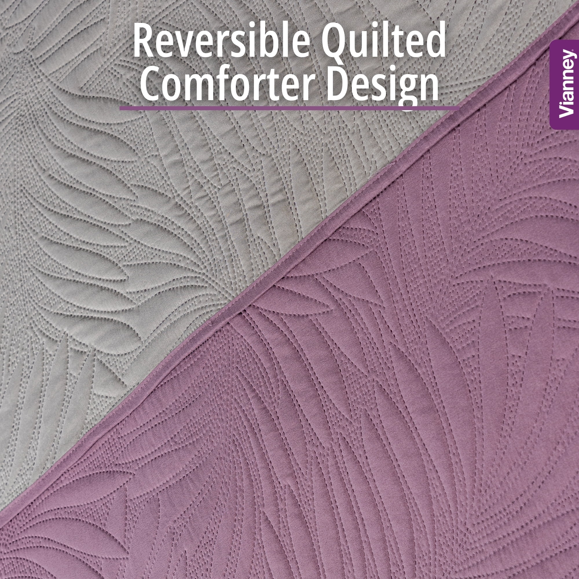 Vianney King Size Comforter, Novo Mallow Bedding, Reversible Lightweight Quilt Blanket in Light Purple and Light Grey with Palm Leaf Quilt Pattern, Light Weight, 110”x93”