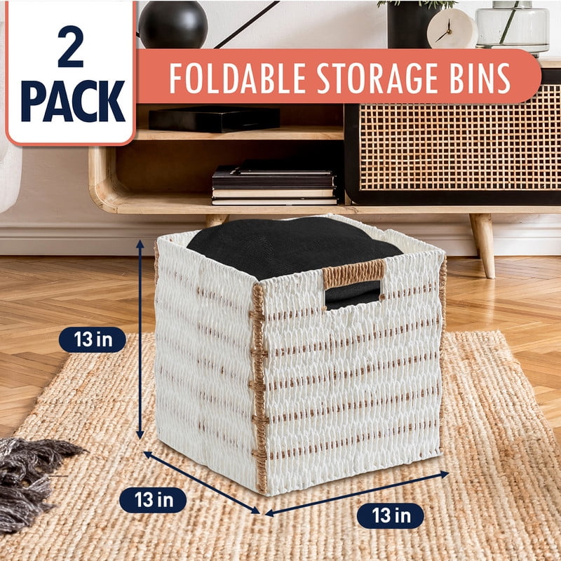 Ornavo Home Wicker Storage Cubes Bin, 13 x 13 Inch Storage Cubes Shelf Basket Collapsible Natural Hand Woven Paper Kallax Storage Cube Bin with Handles - Set of 2, White/Brown