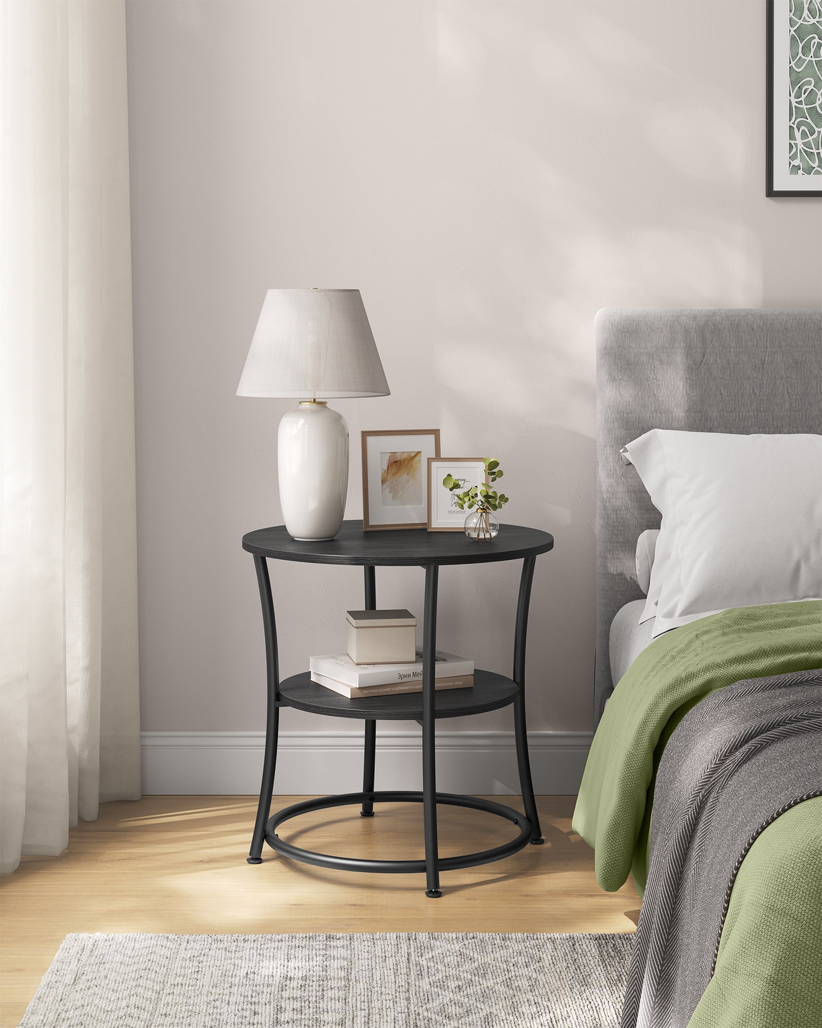 VASAGLE 21.7-Inch Round Side Table, 2-Tier End Table, Nightstand with Steel Frame, Spacious Top, for Small Spaces, Living Room, Bedroom, Charcoal Gray and Ink Black