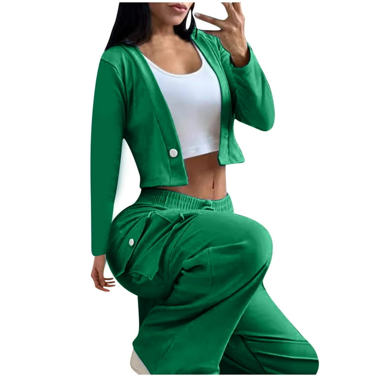 Womens Piece Outfits Pant Sets Long Sleeve One-Button Open Front