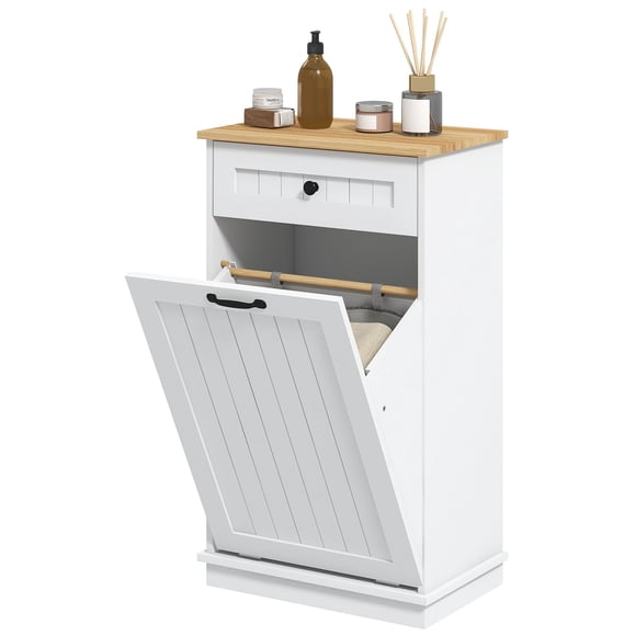 White Tilt-Out Laundry Hamper Cabinet with Drawer & Removable Basket - Bathroom, Living Room Storage - 20.5" x 13" x 35.4" MDF Laundry Cabinet
