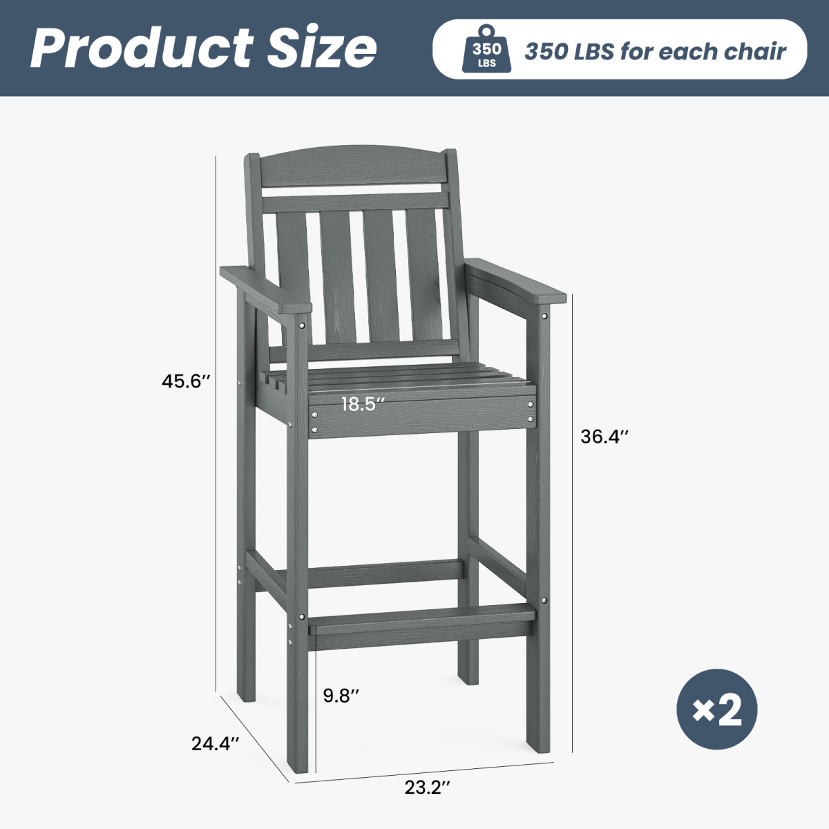 2-Pack Bar Height Adirondack Chairs - HDPE All Weather Patio Bar Stools with Connecting Tray, Ideal for Balcony, Poolside & Backyard