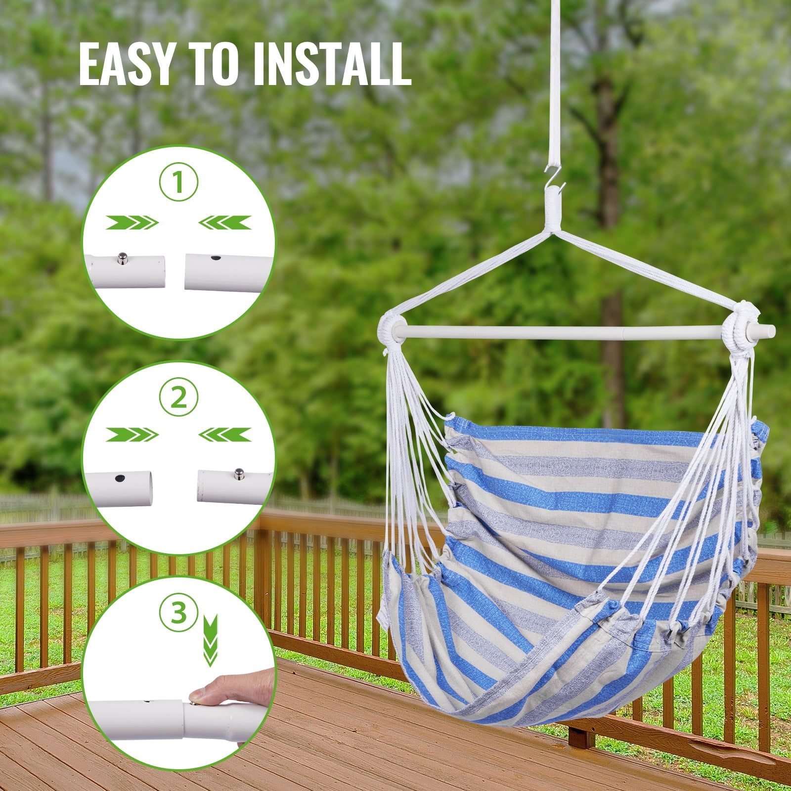 Backyard Expressions Striped Hammock Chair Hanging Rope Swing Chair, Anti Slip Steel Spreader Bar
