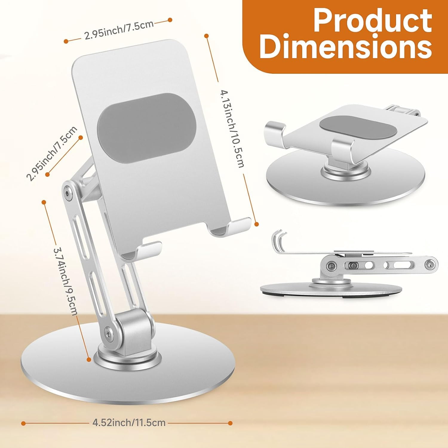 NEOYFC for  Phone Stand for Desk, No Wobble Heavy Base, Height Adjustable foriPhone & iPad Stand, 360° Rotating Foldable Phone Holder for Desk Office Home (4–11”)