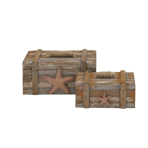 DecMode Starfish Handmade Distressed Wood Decorative Box with Knotted Rope Details, 2 Count