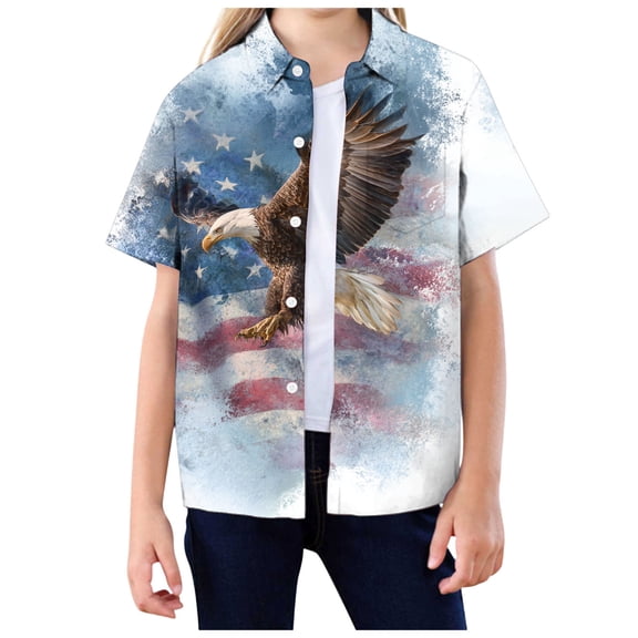 Staki 250 Anniversary USA Shirt Girl Girls Summer Hawaiian Shirts Soft American Flag Print T-Shirt Button Down Short Sleeve Tee Tops 4T 5T 223T(Dark Blue,4-5 Years)