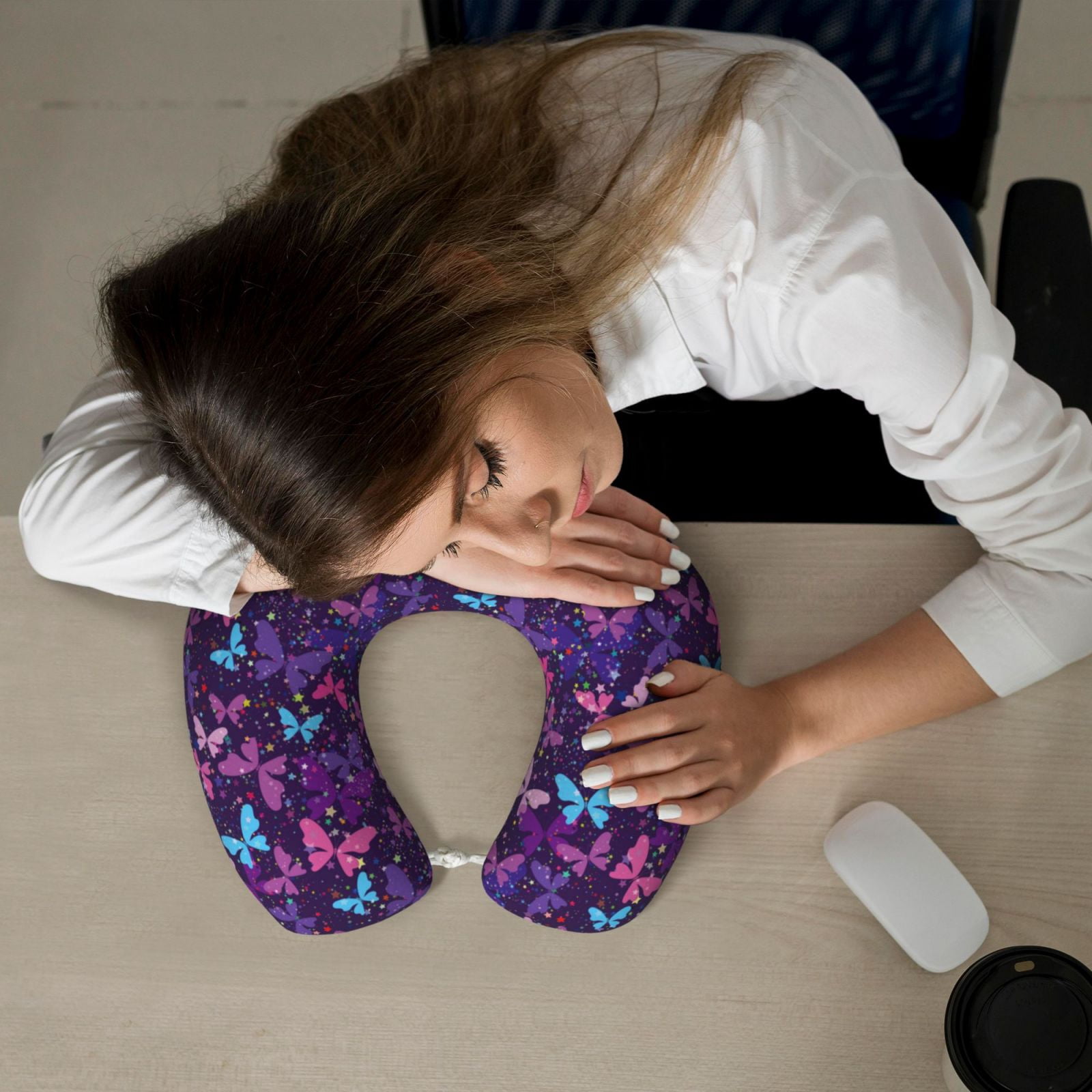 Xecao Bright Purple Butterflies Print Memory Foam Cervical Neck Pillow Versatile U-Shaped Pillows for Home,Office,Camping,Travelling,Soft Washable Cover