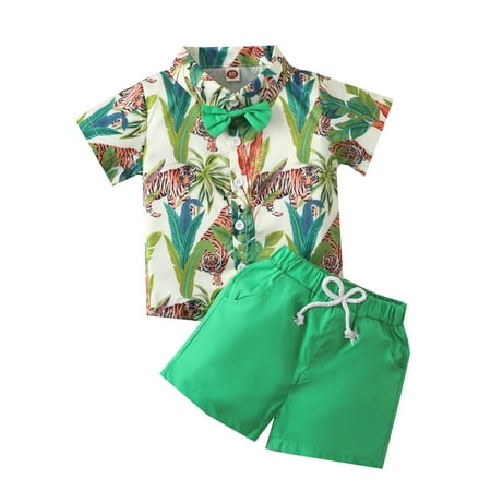 

Gureui Toddler Baby Boy Shorts Sets Hawaiian Outfit Infant Kid Animal Leave Floral Short Sleeve Shirt Top+Shorts Suits