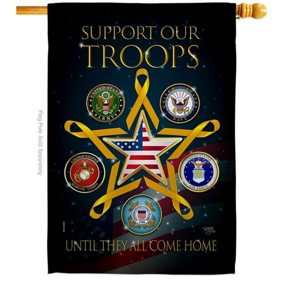 Breeze Decor H108666-BO 28 x 40 in. Support our Military Troops House Flag with Armed Forces Service Double-Sided Decorative Vertical Flags Decoration Banner Garden Yard Gift