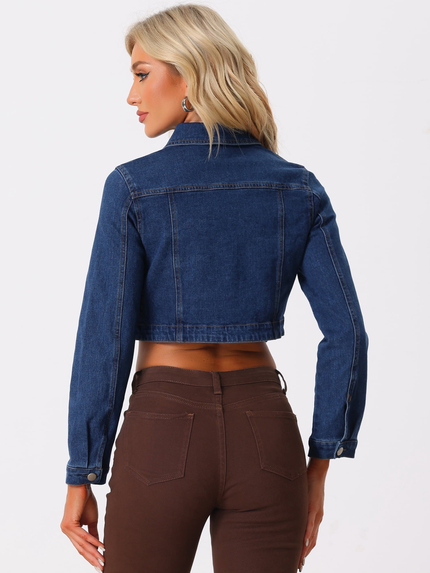 DARING DIVA Women's Collared Button Down Long Sleeve Crop Denim Jackets M Dark Blue