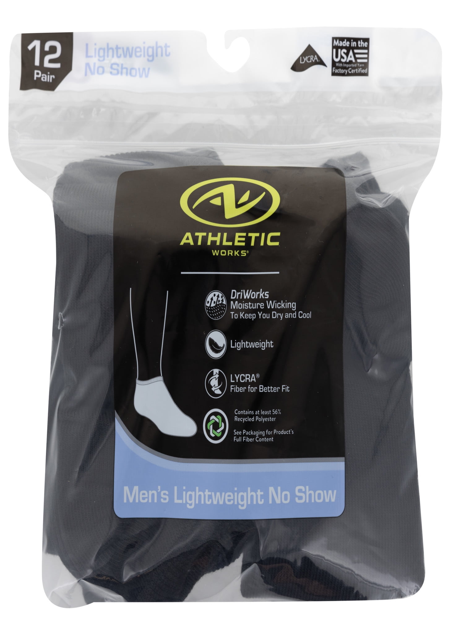 Athletic Works Men's Lightweight No Show Socks, 12-Pack, Moisture-Wicking, Lightweight Fabric, Fits Shoe Sizes 6-12